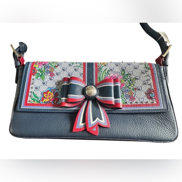 Brighton FASHION LUX BAGUETTE Navy Floral Leather Bow Handbag W/ Studs - Picture 7 of 15